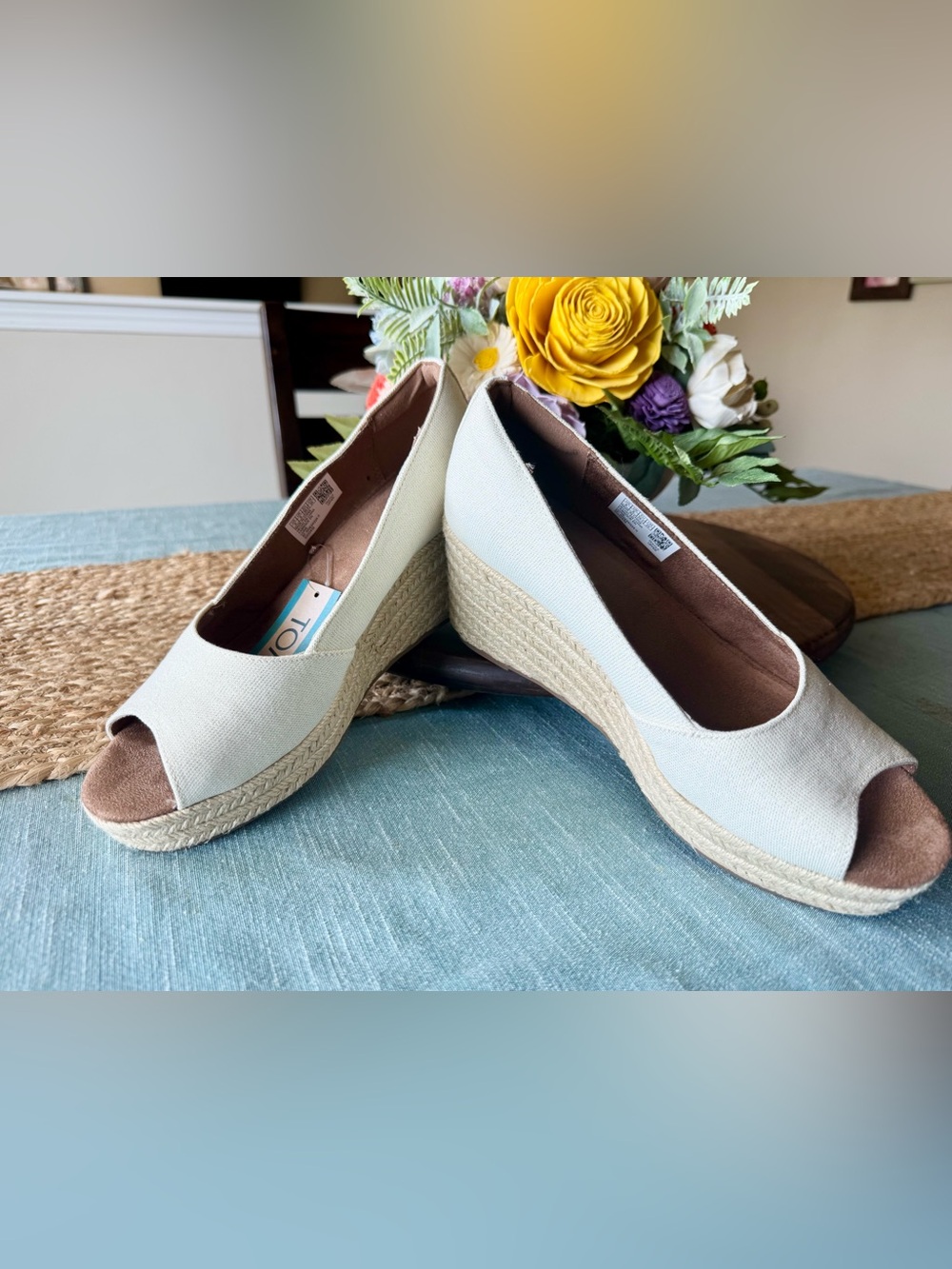 Toms Cream Peep-Toe Espadrille Wedges